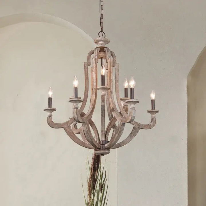 Large Rustic Chandelier with Distressed Wood Finish