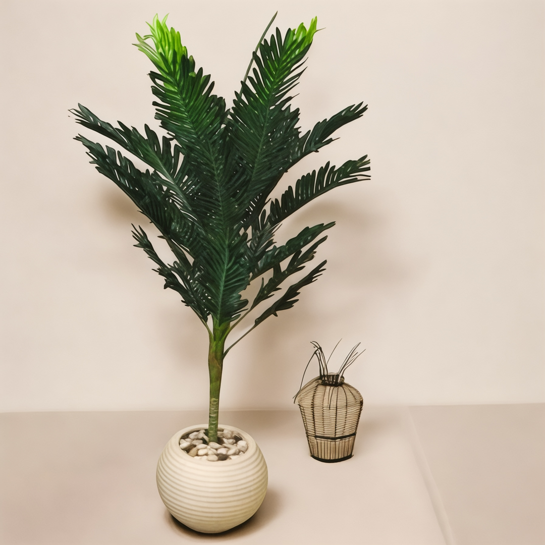 Artificial Palm Plant in Ribbed Pot with Pebbles