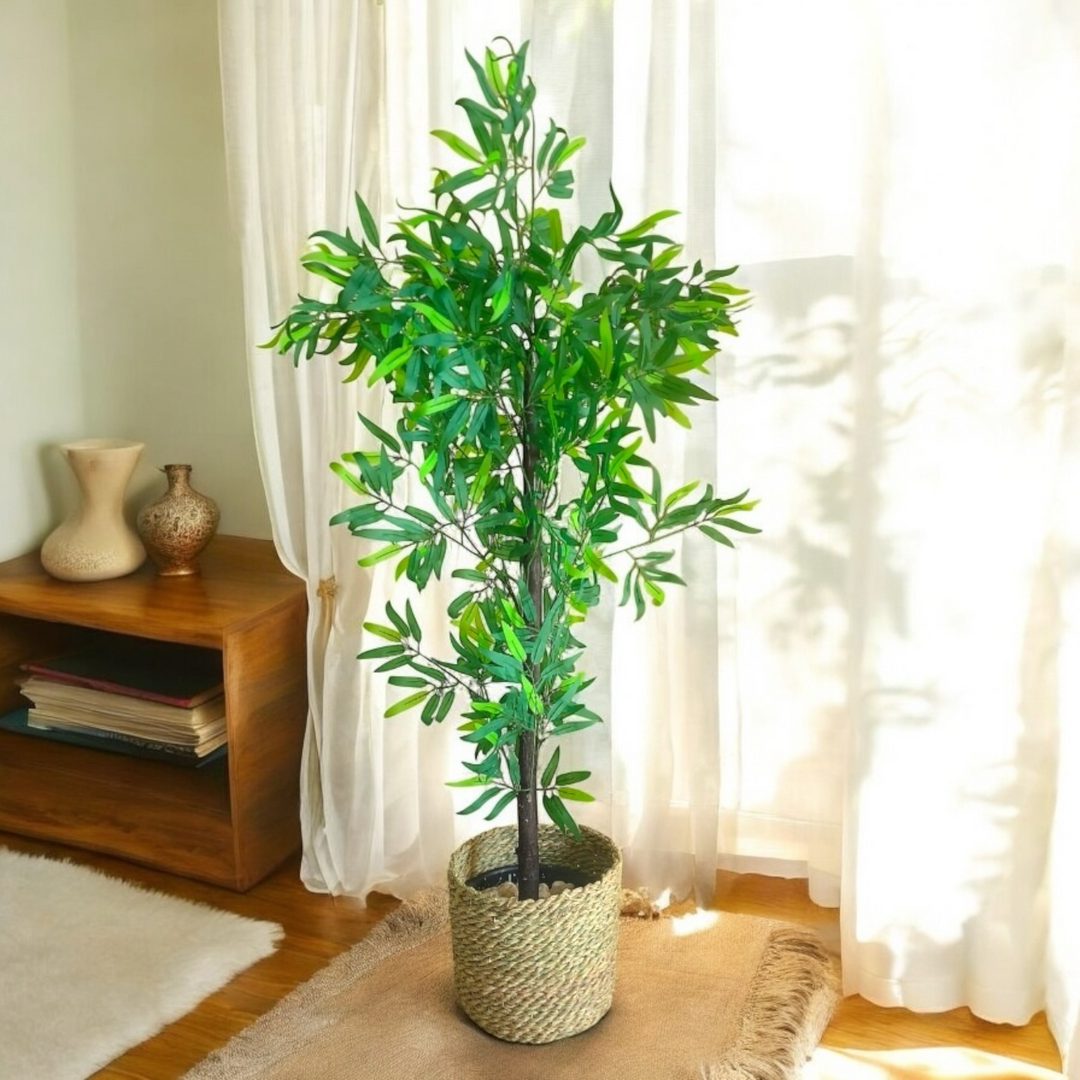 Tall Artificial Bamboo Plant with Braided Seagrass Basket