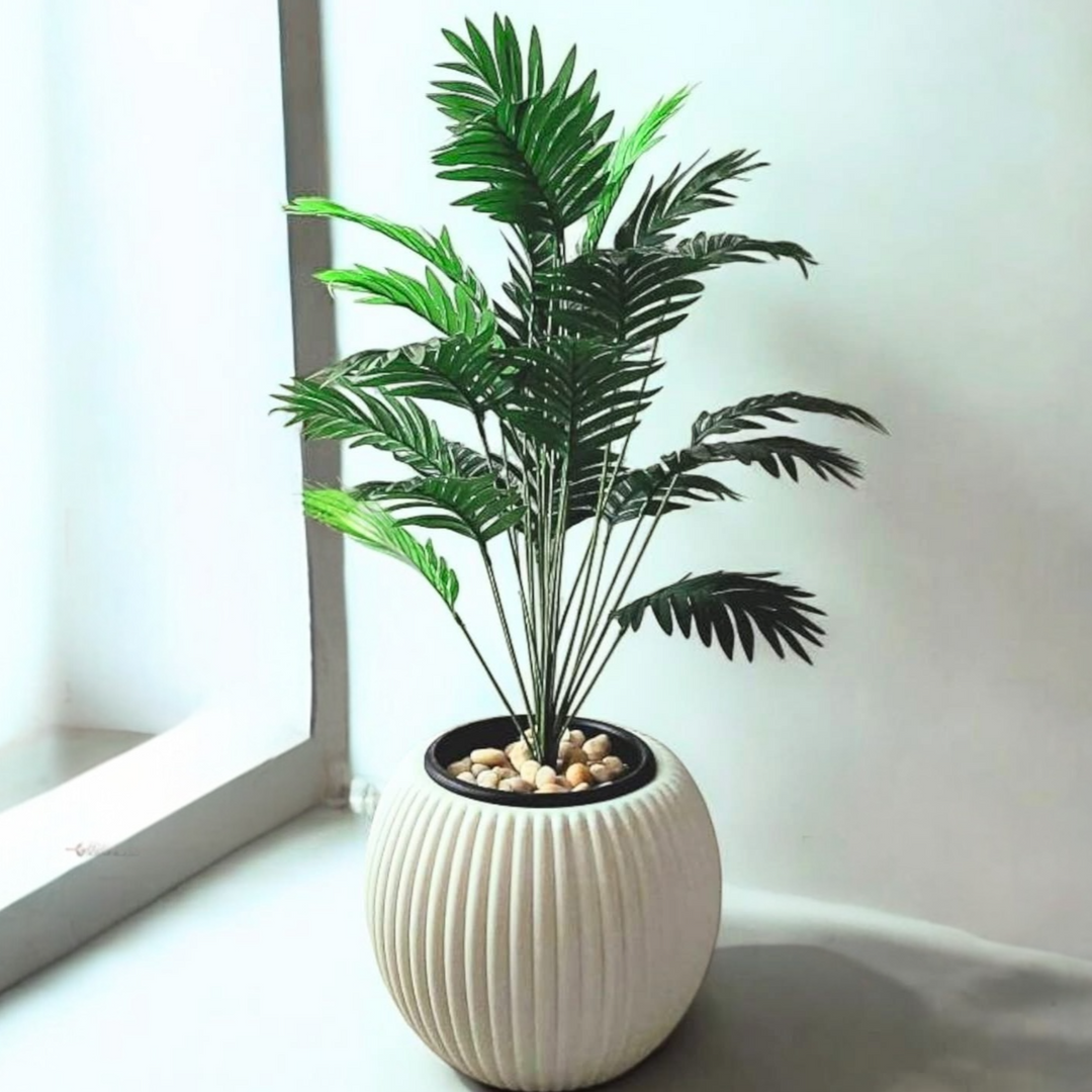 Artificial Palm Plant in Ribbed White Pot