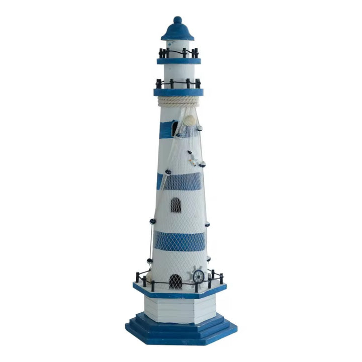 Blue and white striped wooden lighthouse ornament with fishing net and nautical details