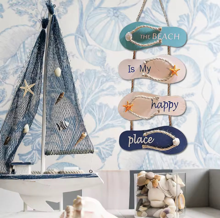 The Beach Is My Happy Place Sign - Nautical Flip-Flop Wall Hanging