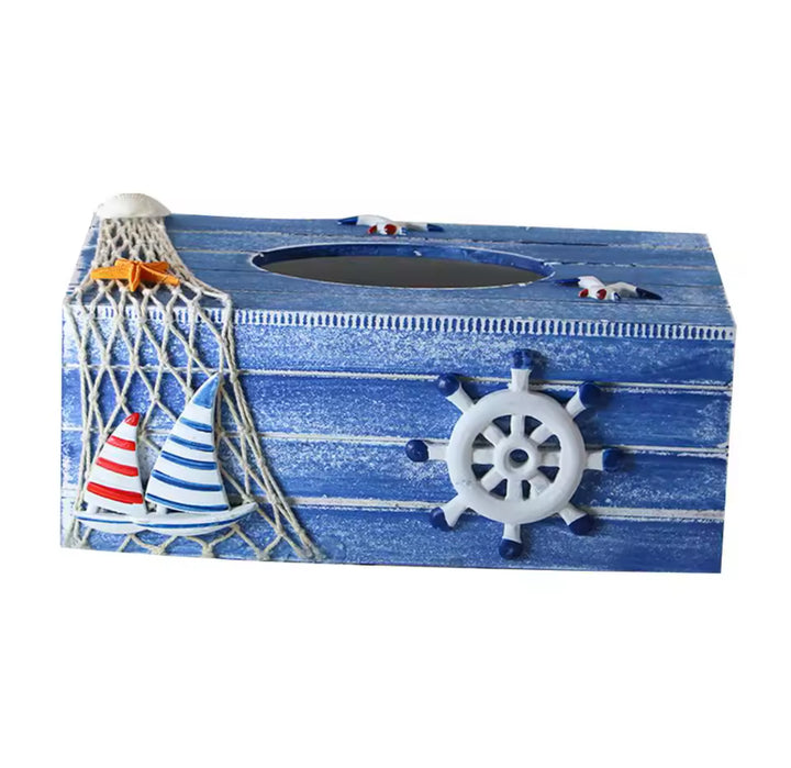 Nautical-themed blue wooden tissue box cover with sailboats, ship wheel, and fishing net