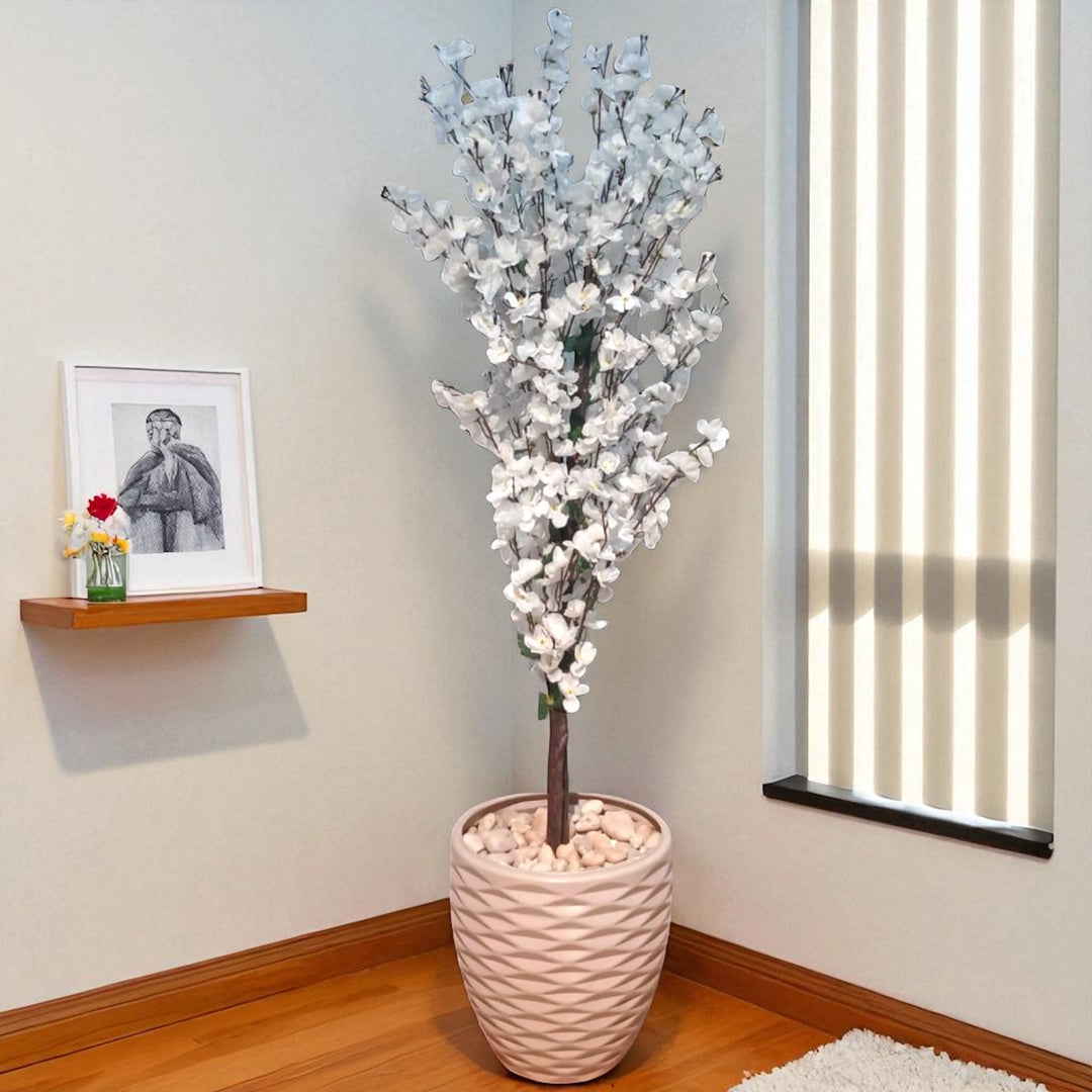 Tall Artificial White Blossom Tree in Textured Pot