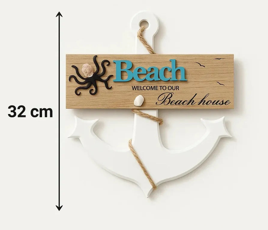 Beach House Welcome Wall Decor - Anchor Sign with Rope & Shells