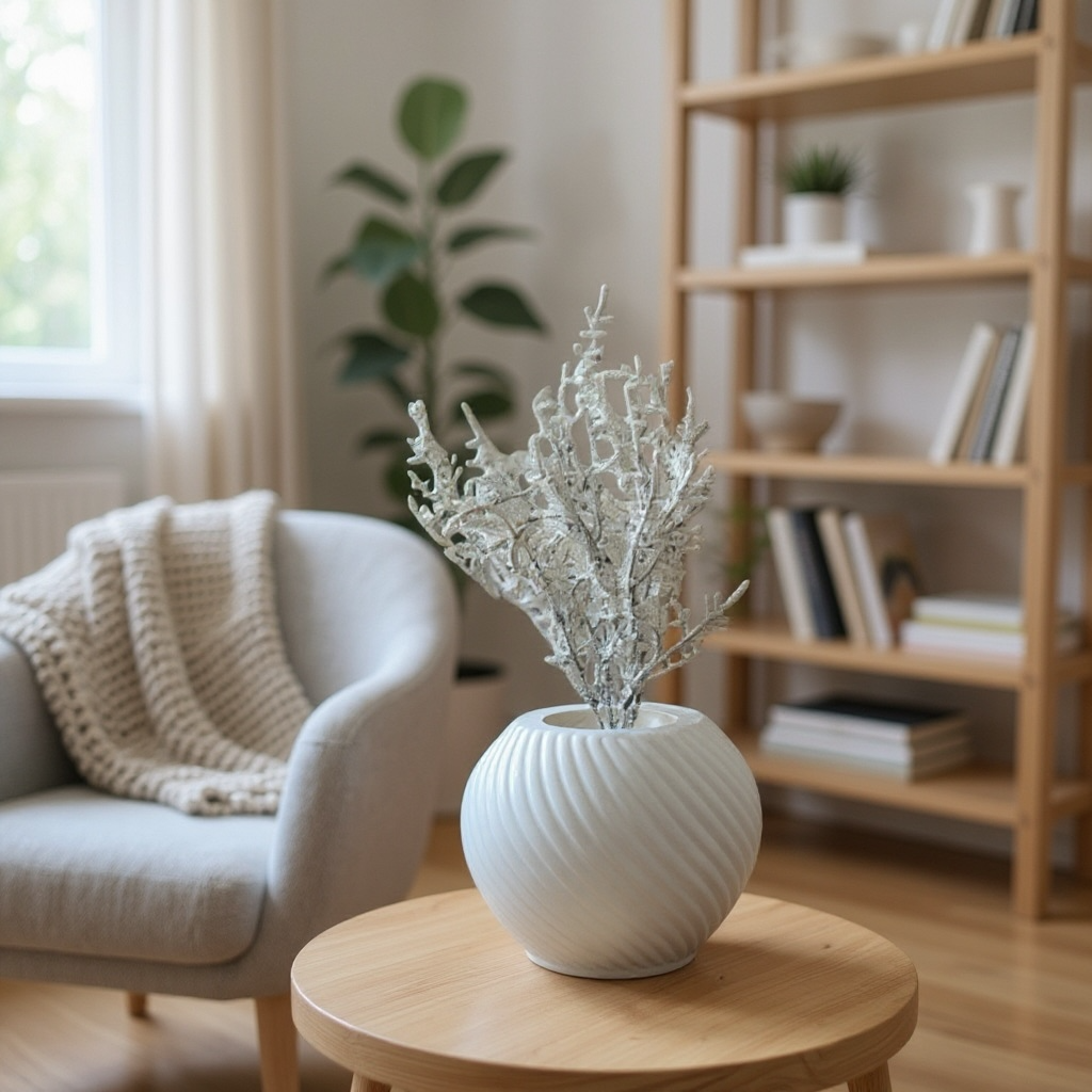 Small Artificial Dried Plant in White Ribbed Pot