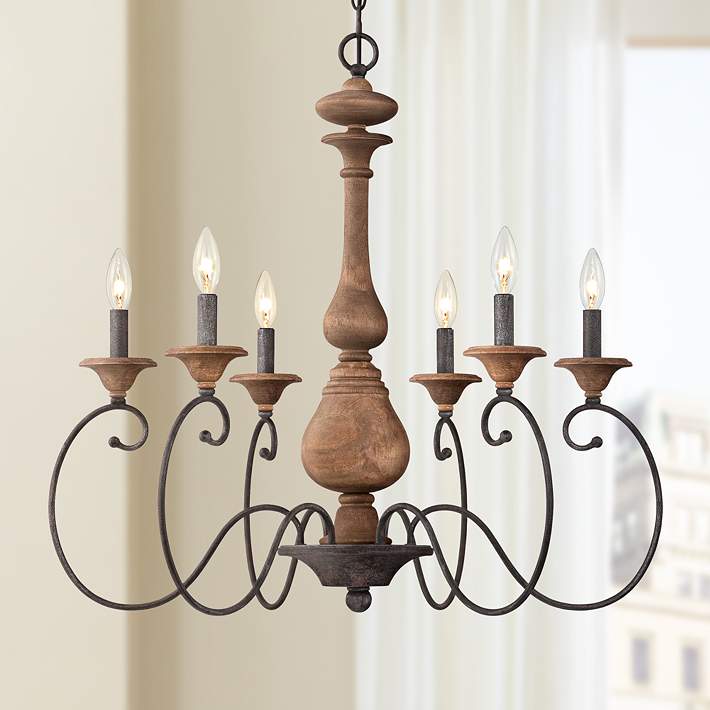 Rustic Wood and Iron 6-Light Chandelier