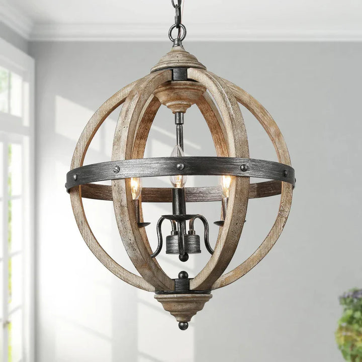 Rustic Orb Chandelier with Wood and Metal Frame