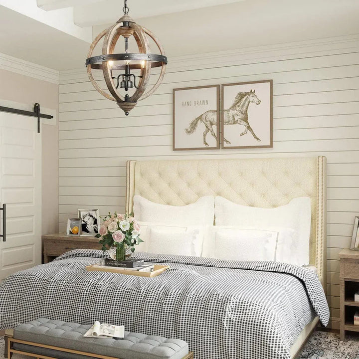 Rustic Orb Chandelier with Wood and Metal Frame