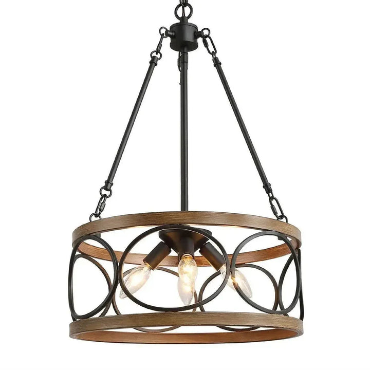 Rustic Round Chandelier with Wood and Metal Design