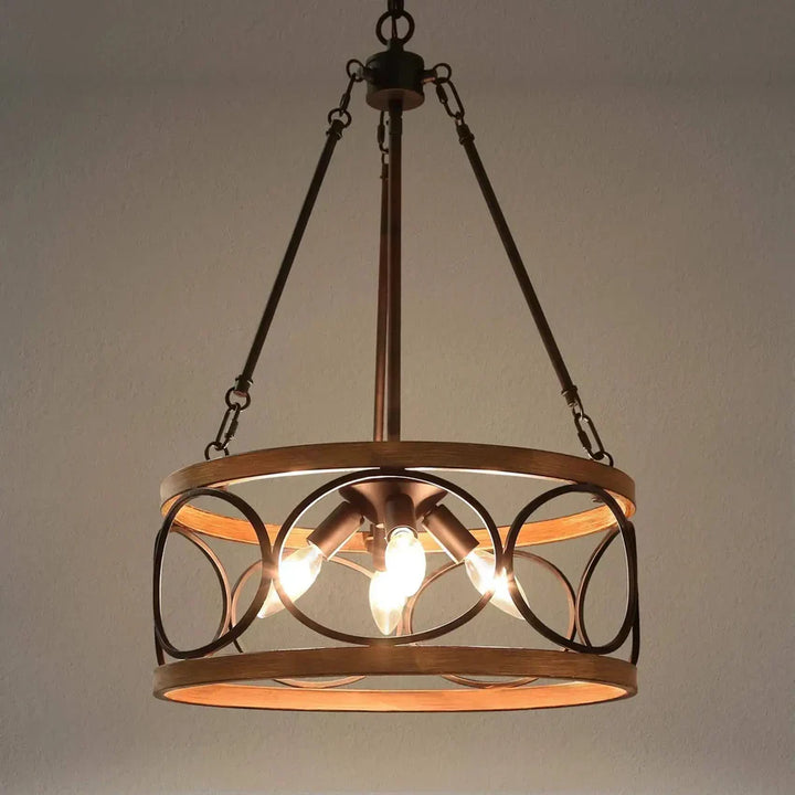 Rustic Round Chandelier with Wood and Metal Design