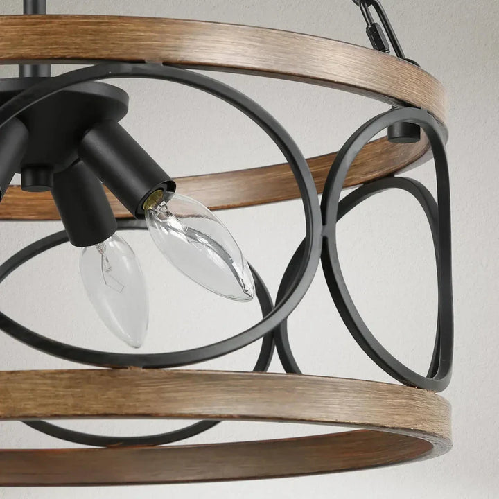 Rustic Round Chandelier with Wood and Metal Design