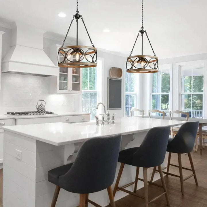 Rustic Round Chandelier with Wood and Metal Design