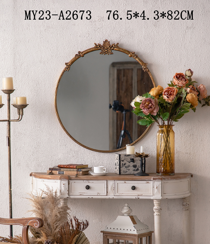 Classic Gold Round Mirror with Floral Detail