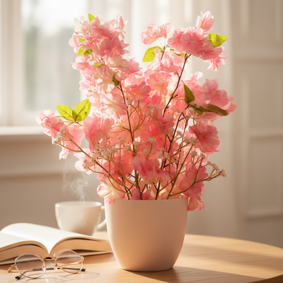 Artificial pink blossom plant in a white pot on a wooden table
