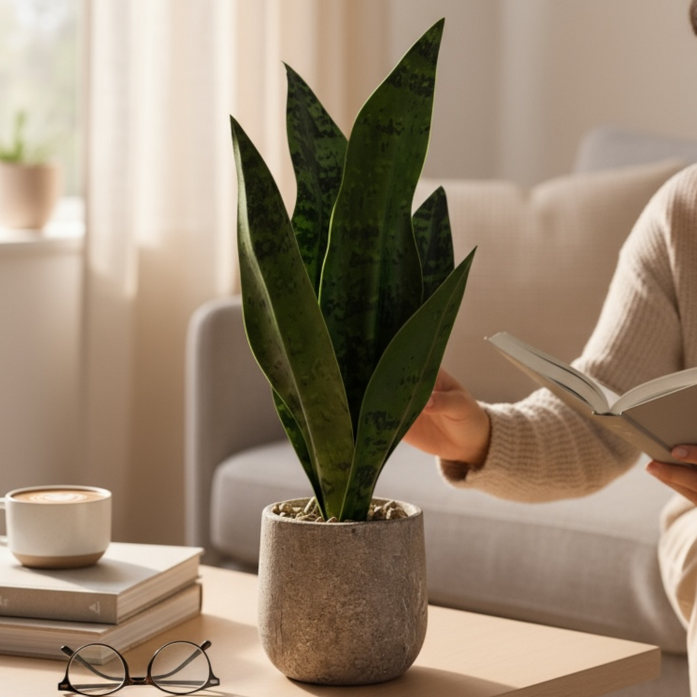 Artificial snake plant in stone pot on coffee table