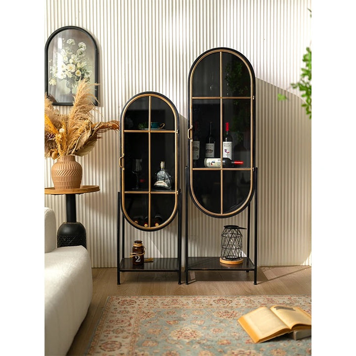 Modern Black & Gold Arched Glass Display Cabinet Set
