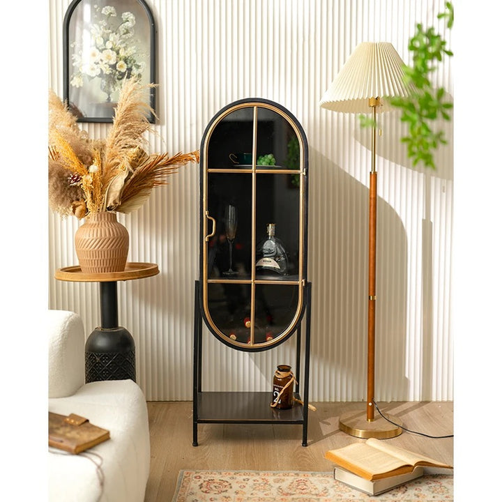 Modern Black & Gold Arched Glass Display Cabinet Set