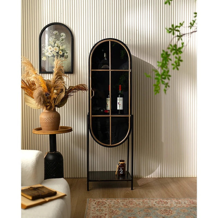 Modern Black & Gold Arched Glass Display Cabinet Set
