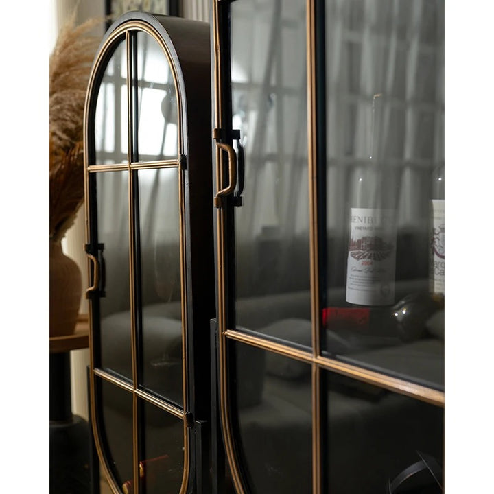 Modern Black & Gold Arched Glass Display Cabinet Set