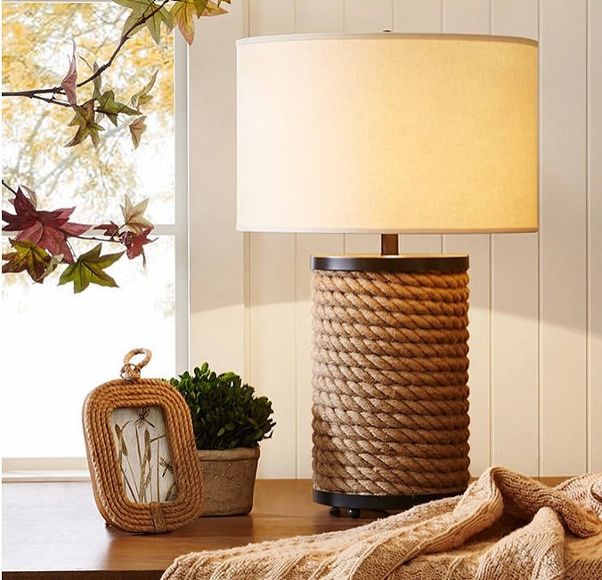 Rustic Rope-Wrapped Table Lamp with Fabric Shade