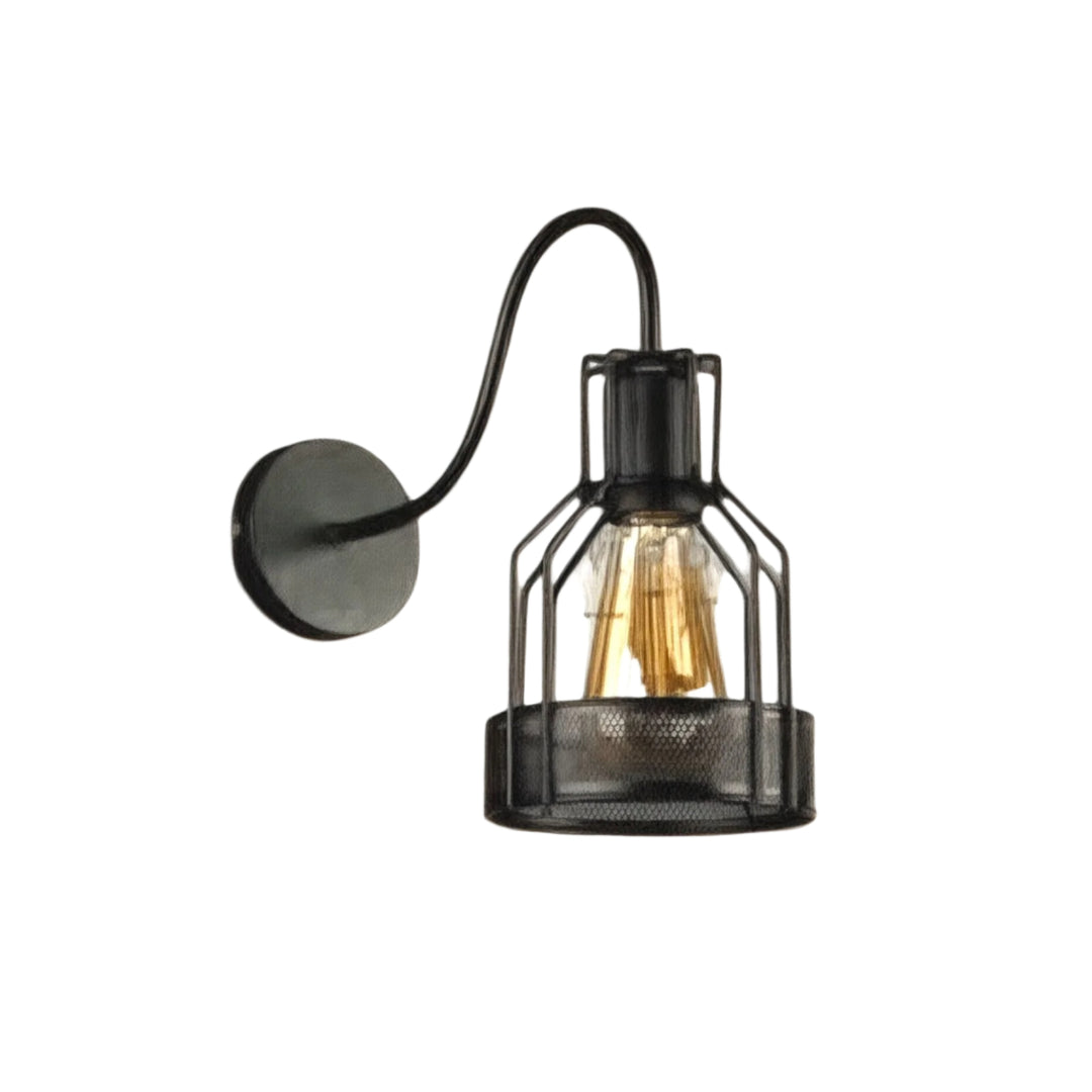 Industrial wall sconce with black cage design and exposed bulb