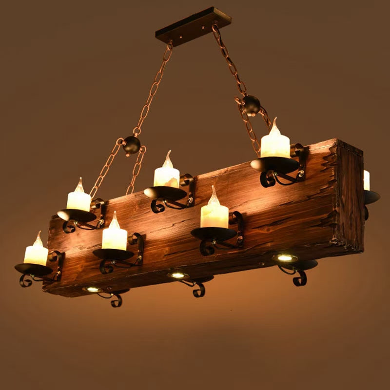 Rustic Wooden Beam Chandelier with Candle-Style Lights