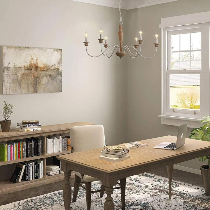 Rustic Wooden Chandelier with Six Arms