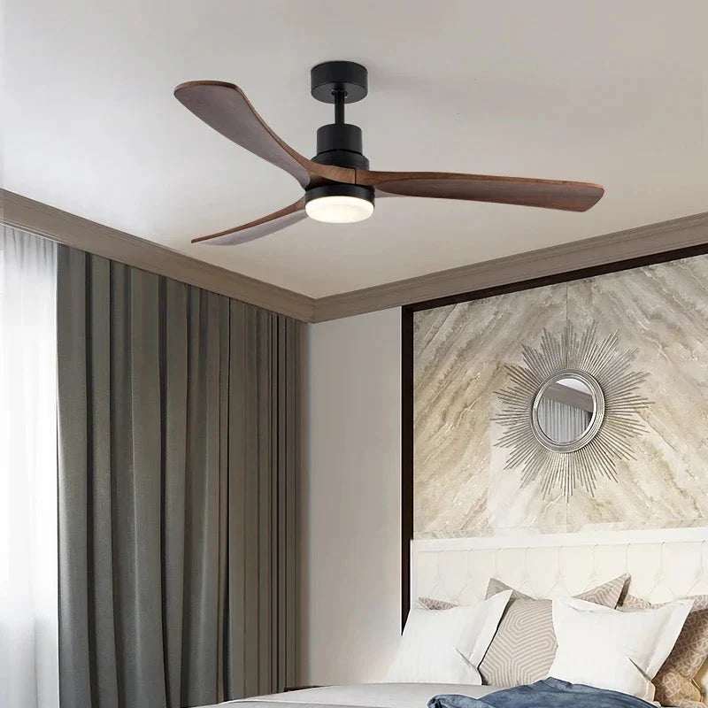 Modern ceiling fans with wooden blades in a living room