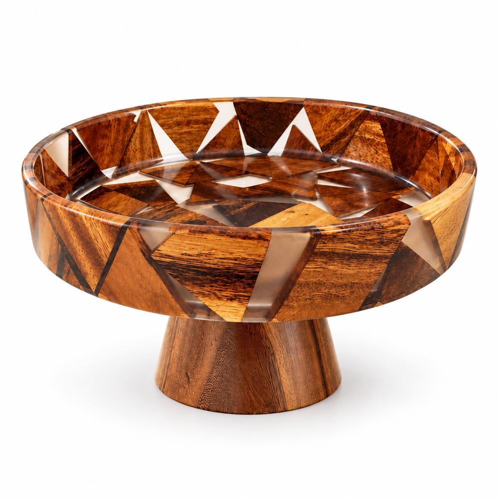 Round coffee table with geometric wood-inlay pattern and tapered pedestal base