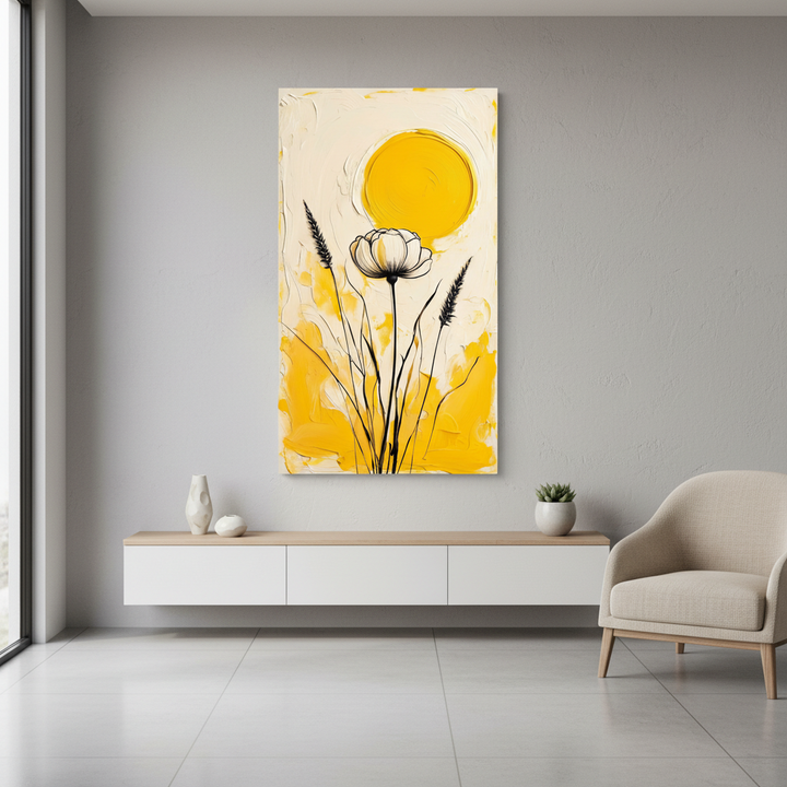 Modern yellow abstract flower canvas with wildflowers and golden sun in minimalist style