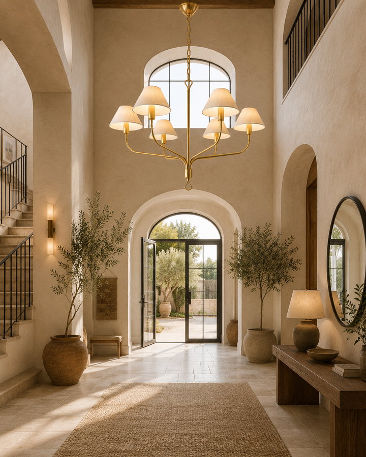 Traditional Gold & Black 6-Light Chandelier with Cream Fabric Shades