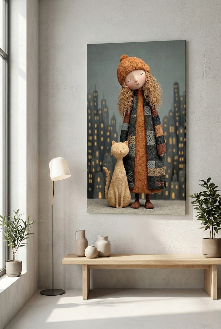 Dreamy Girl & Cat Canvas Wall Art
