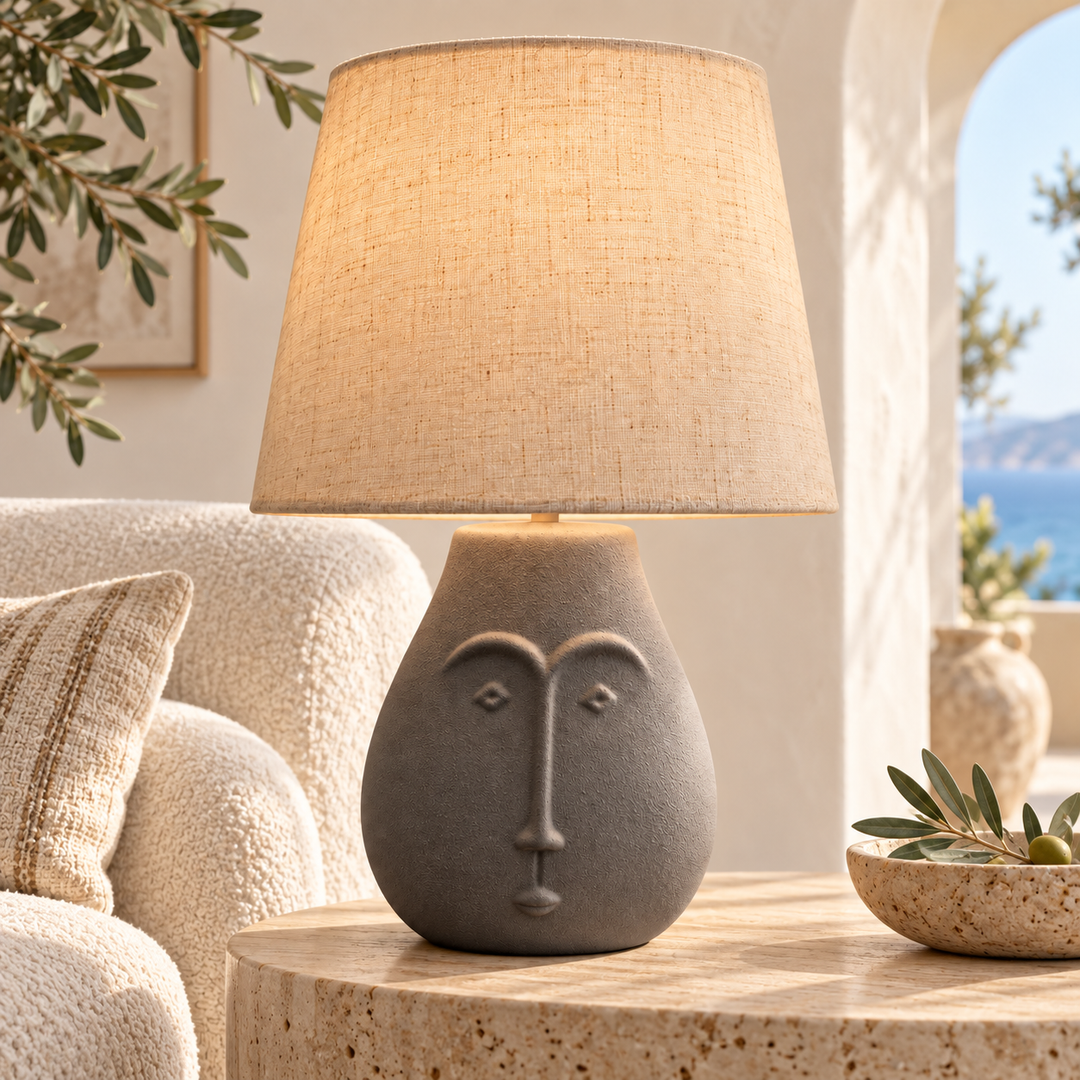 Beige Ceramic Face Table Lamp with Linen Shade