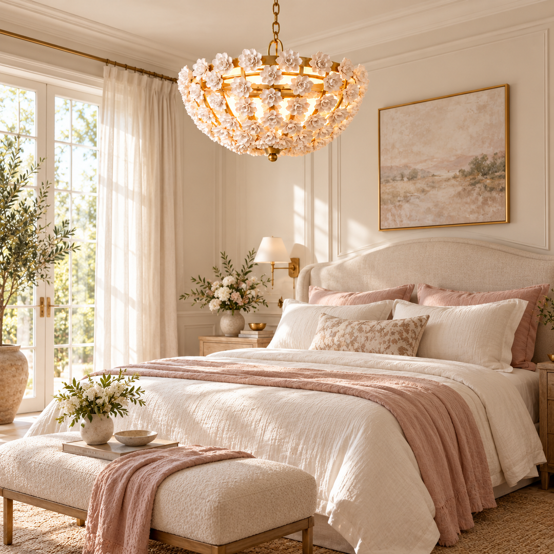 White Floral Gold-Frame Bowl Chandelier
