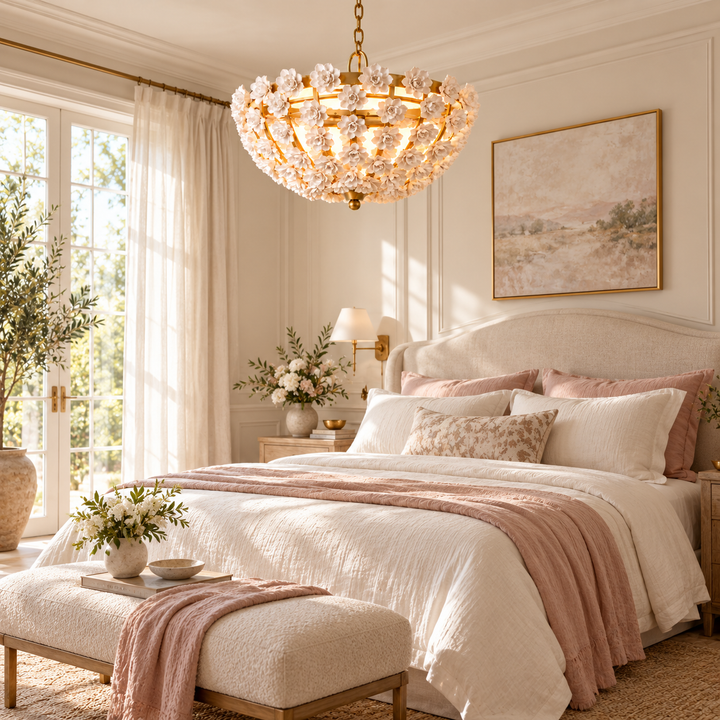 White Floral Gold-Frame Bowl Chandelier