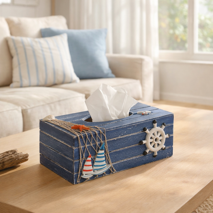 Nautical tissue box holder with rope net, shells, and ship wheel beach decor