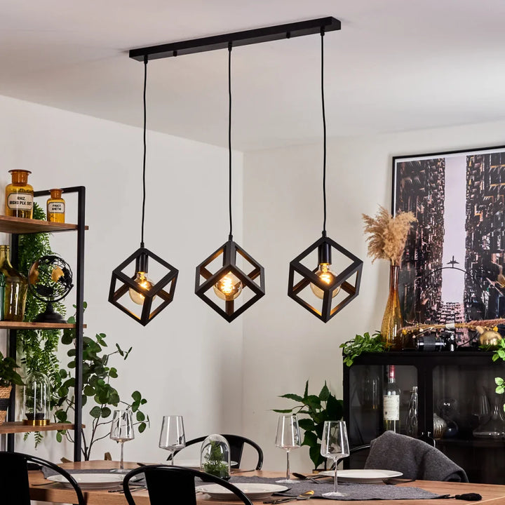 Modern Geometric Black Cube Pendant Light Trio