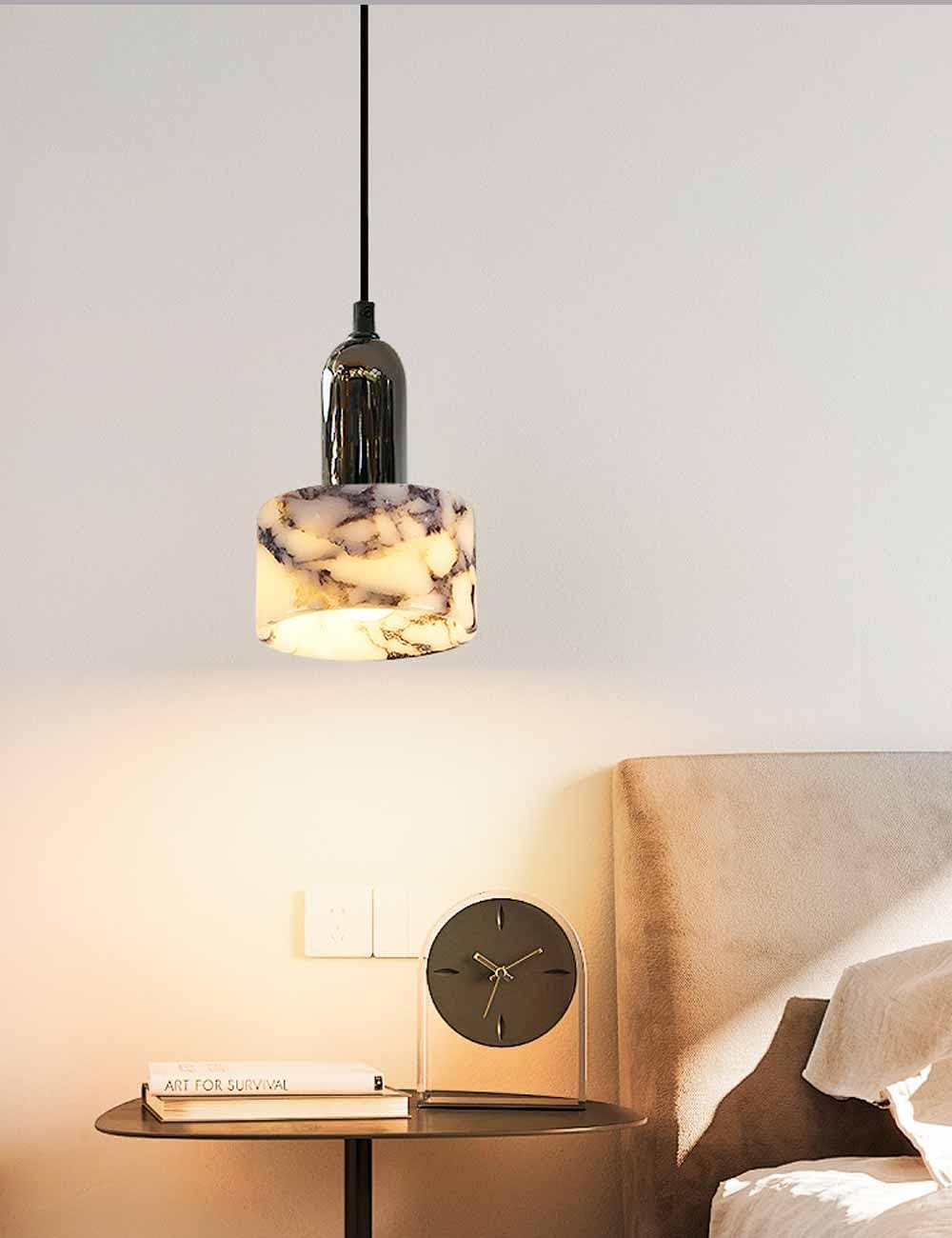 White Marble Cylinder Pendant Light with Black Socket