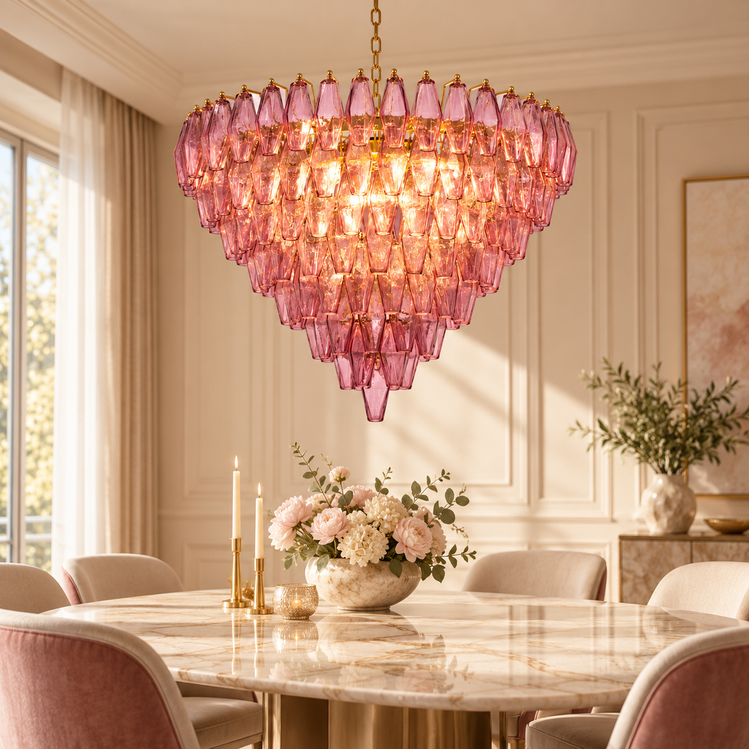 Pink Crystal Chandelier with Gold Finish