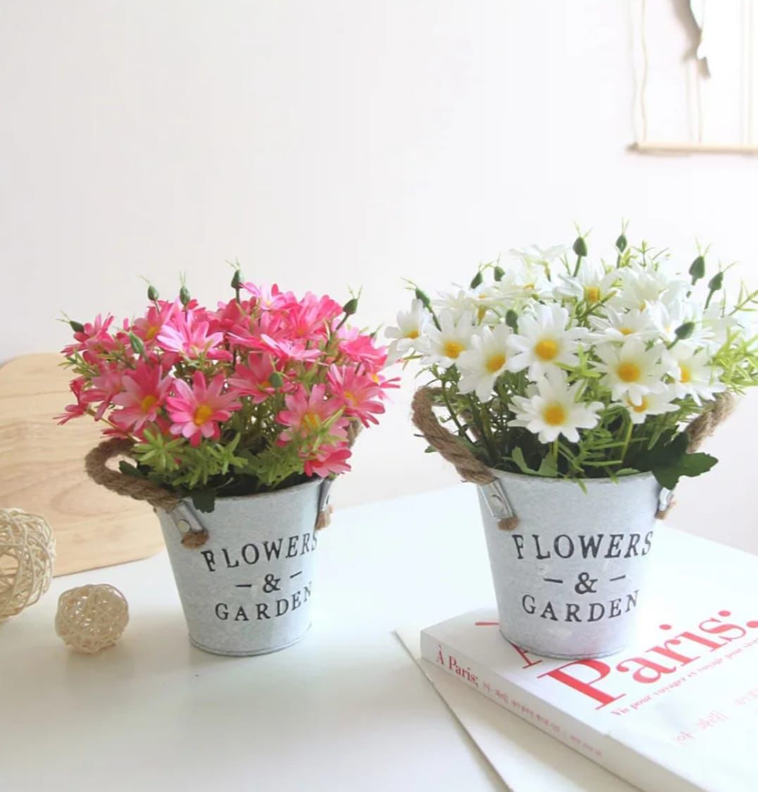 Artificial Flowers in Metal Pots