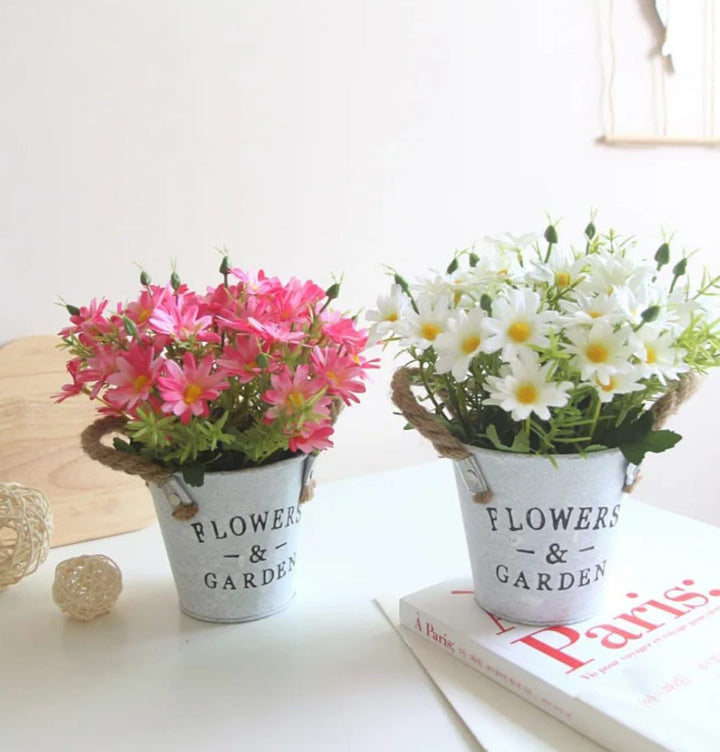 Artificial Flowers in Metal Pots