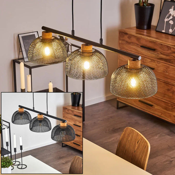 Industrial Triple Mesh Pendant Light with Wooden Accents