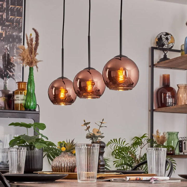 Modern Copper Glass Globe Pendant Light Trio