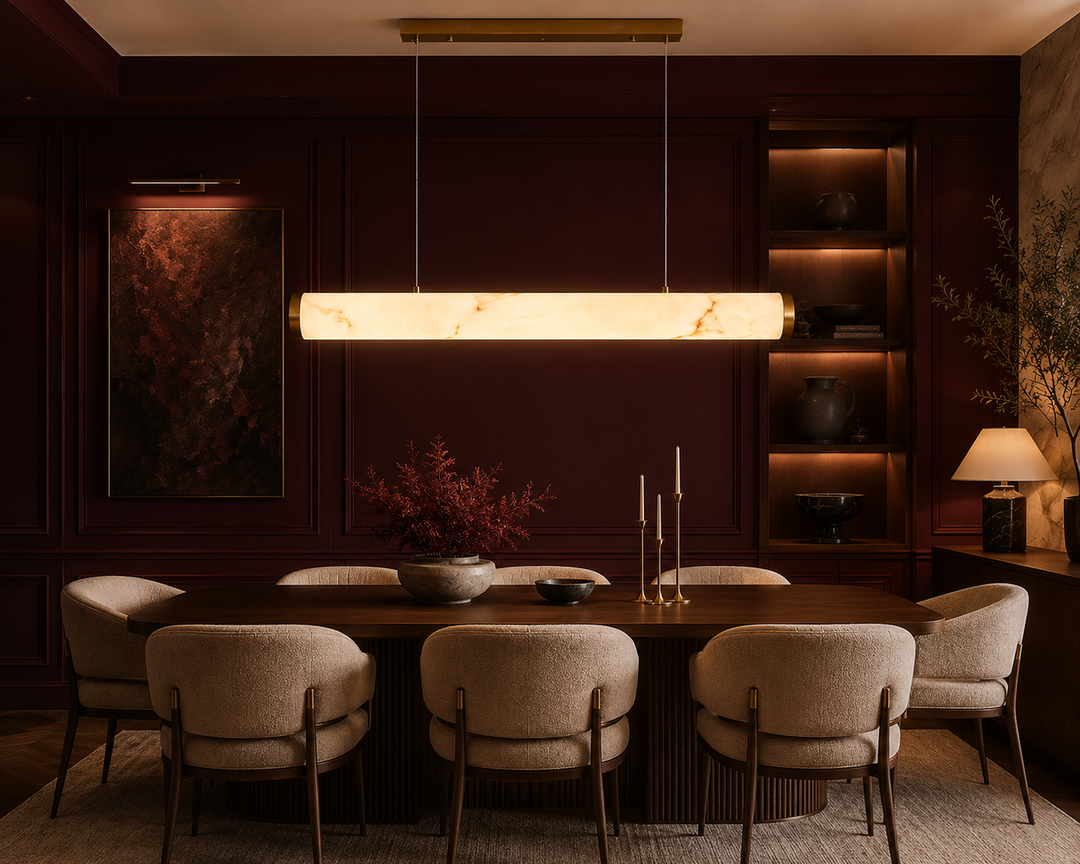 Modern Linear Marble LED Pendant Light with Brass Accents