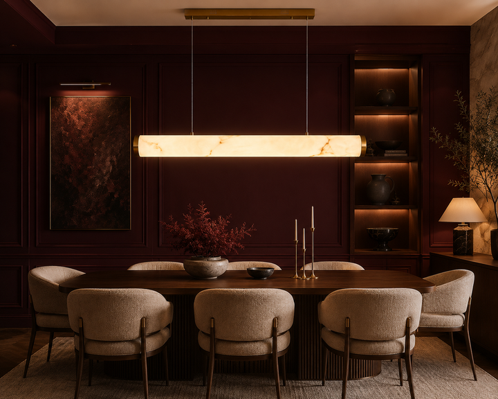 Modern Linear Marble LED Pendant Light with Brass Accents