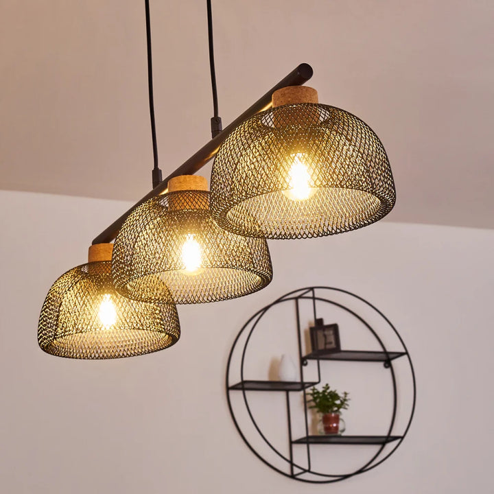 Industrial Triple Mesh Pendant Light with Wooden Accents