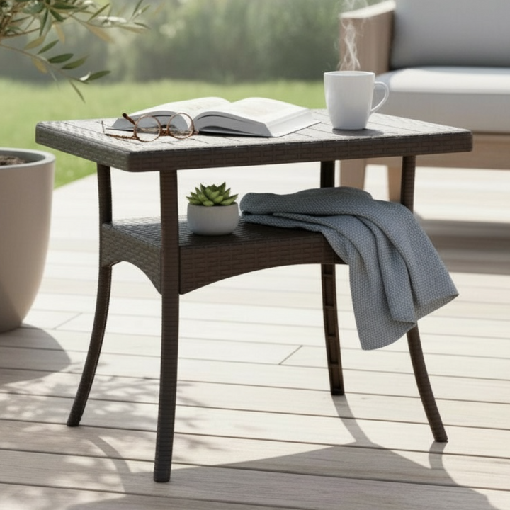 Dark Woven Outdoor Side Table with Shelf