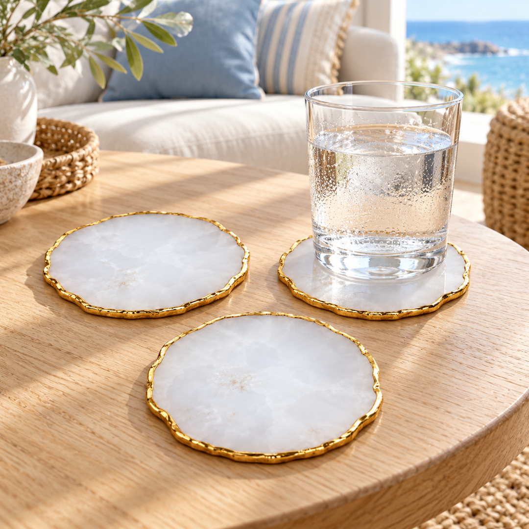 Pink & white Stone-Look Coasters with Gold-Tone Edges – Set of 3