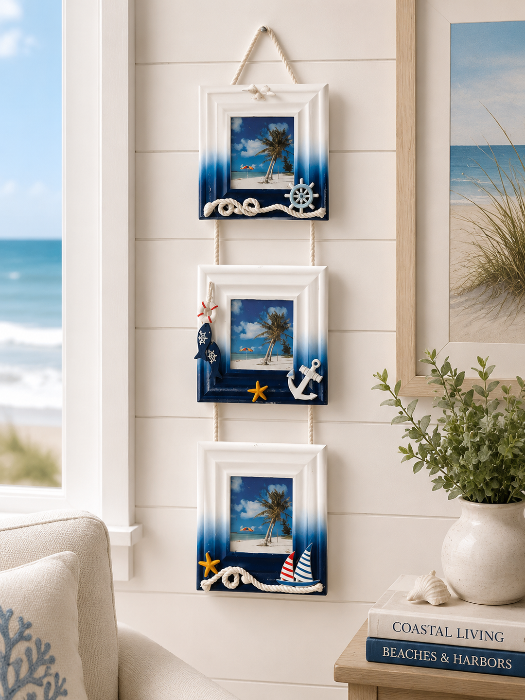 Mediterranean Nautical Style Triple Hanging Photo Frame Set